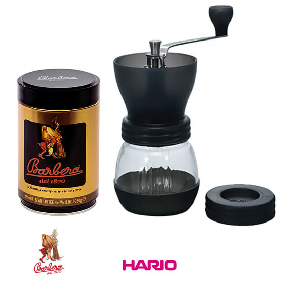 HARIO מטחנת קפה ידנית קרמית + פולי קפה Barbera גולד מתנה