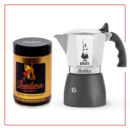 מקינטה BIALETTI Brikka 4 וקפה Barbera גולד טחון למקינטה בפחית