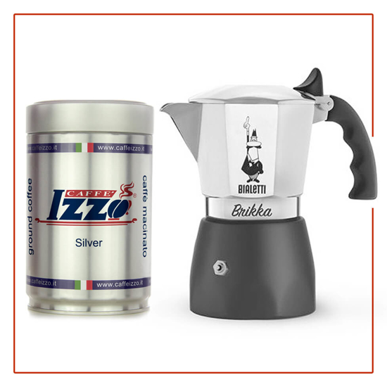 מקינטה BIALETTI בריקה 2 כוסות וקפה IZZO סילבר 90% ערביקה