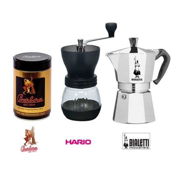 HARIO מטחנת קפה ידנית קרמית + מקינטה Bialetti + פולי קפה Barbera גולד מתנה